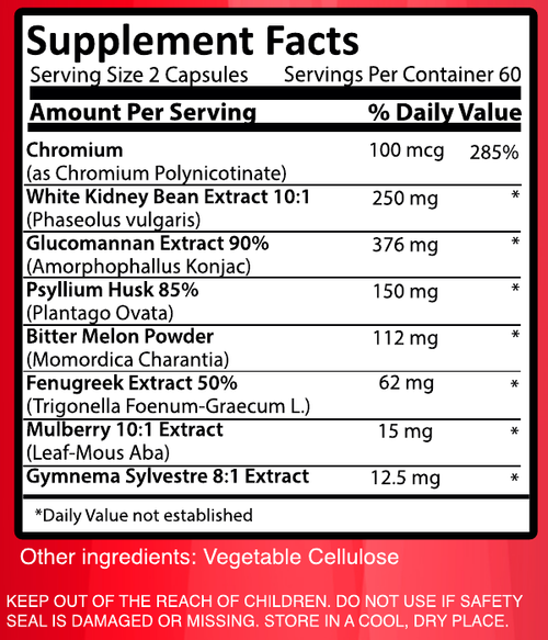 Información de porción, ingredientes y cantidades de la etiqueta vigente de Carb SUPREX