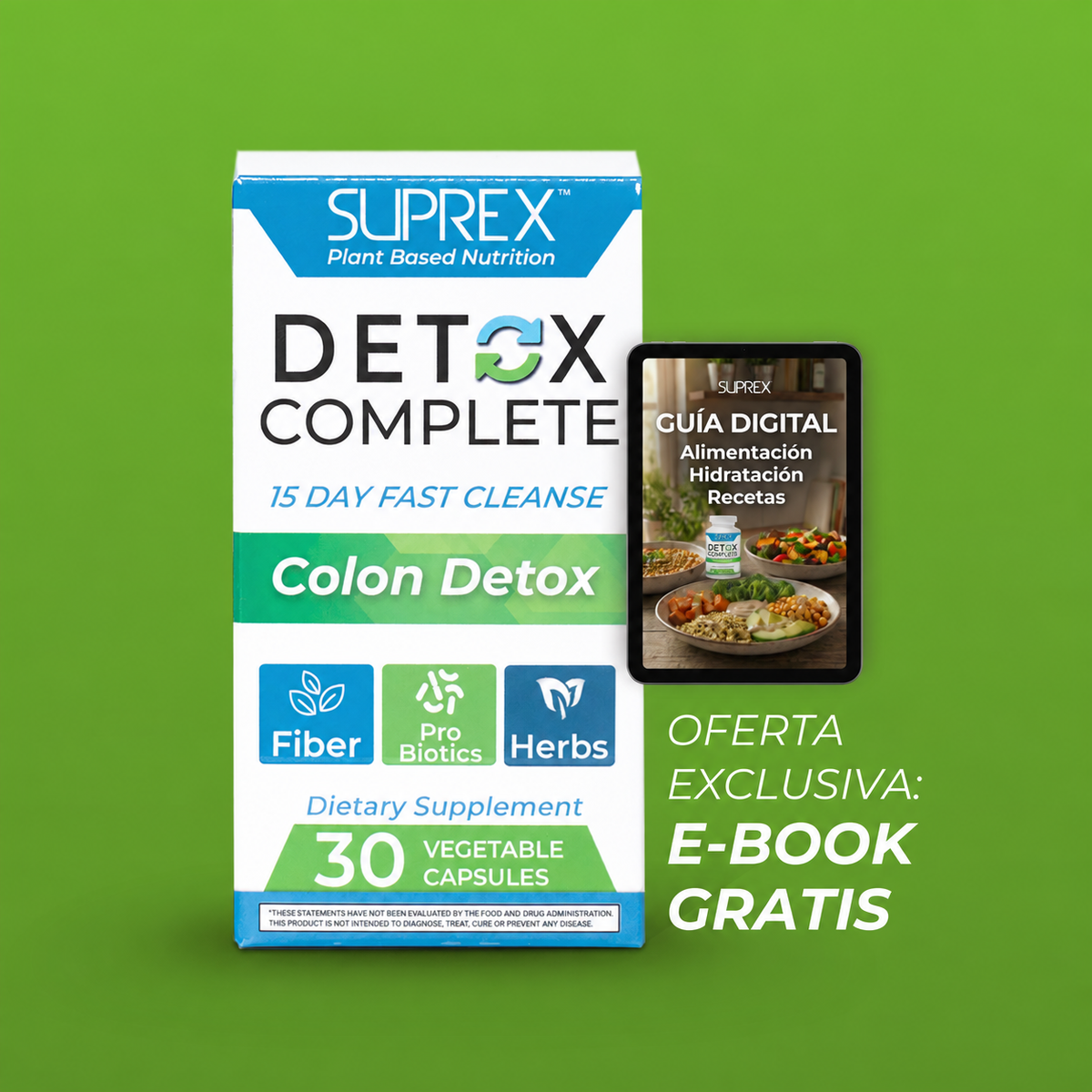Detox Complete SUPREX, suplemento dietario de 30 cápsulas con guía digital incluida