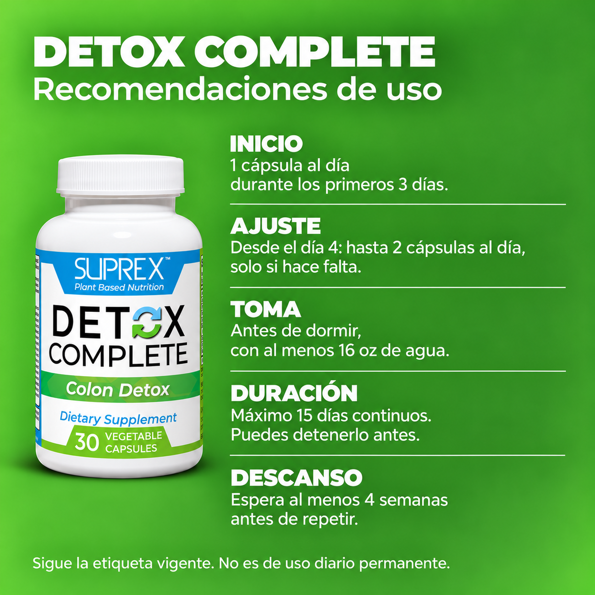 Detox Complete SUPREX: guía de uso gradual, agua, duración máxima y descanso entre ciclos